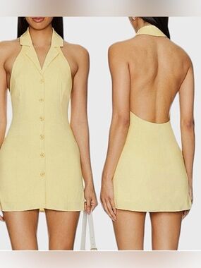SNDYS. Butter Yellow Backless Collared Halter Button Down Mini Dress NWT SMALL